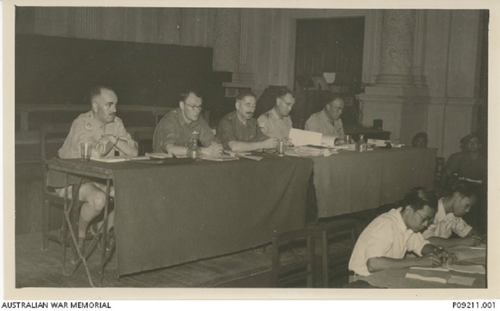 The five judges at the Death Railway trial, Singapore, 1946. Major A.A. Dumont is second from left.